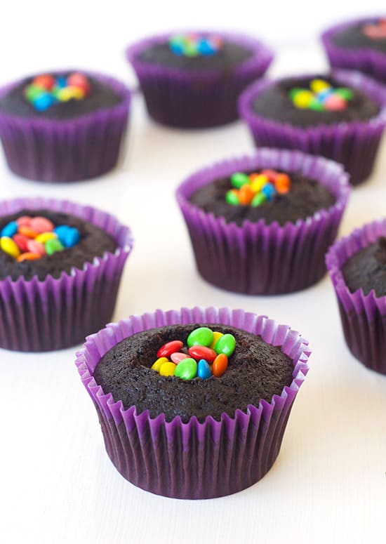 M&M Surprise Cupcakes with Rainbow Frosting